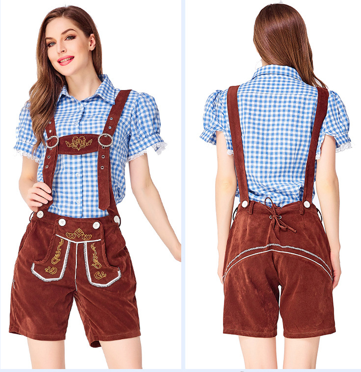 Womens Oktoberfest Outfit Embroidered Blouse with Lederhosen Shorts